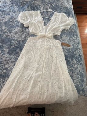 White Eyelet Midi Dress with Front Bow Accent